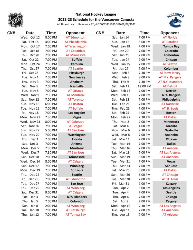 Calgary Flames 2022-23 Schedule, PDF