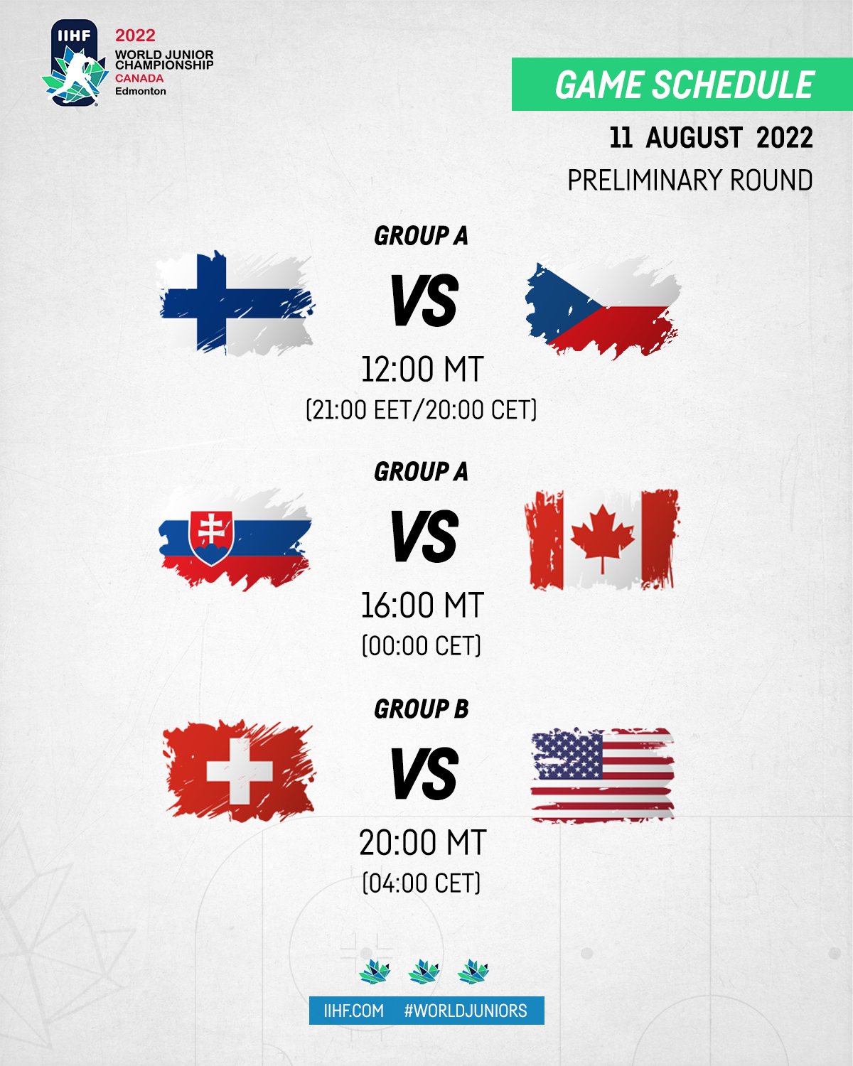 2022 IIHF World Junior Championships Schedule Today August 11, 2022